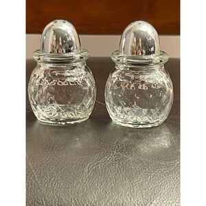 Vintage Clear Glass Salt and Pepper Shakers Set Diamond Pattern Silver Tops
